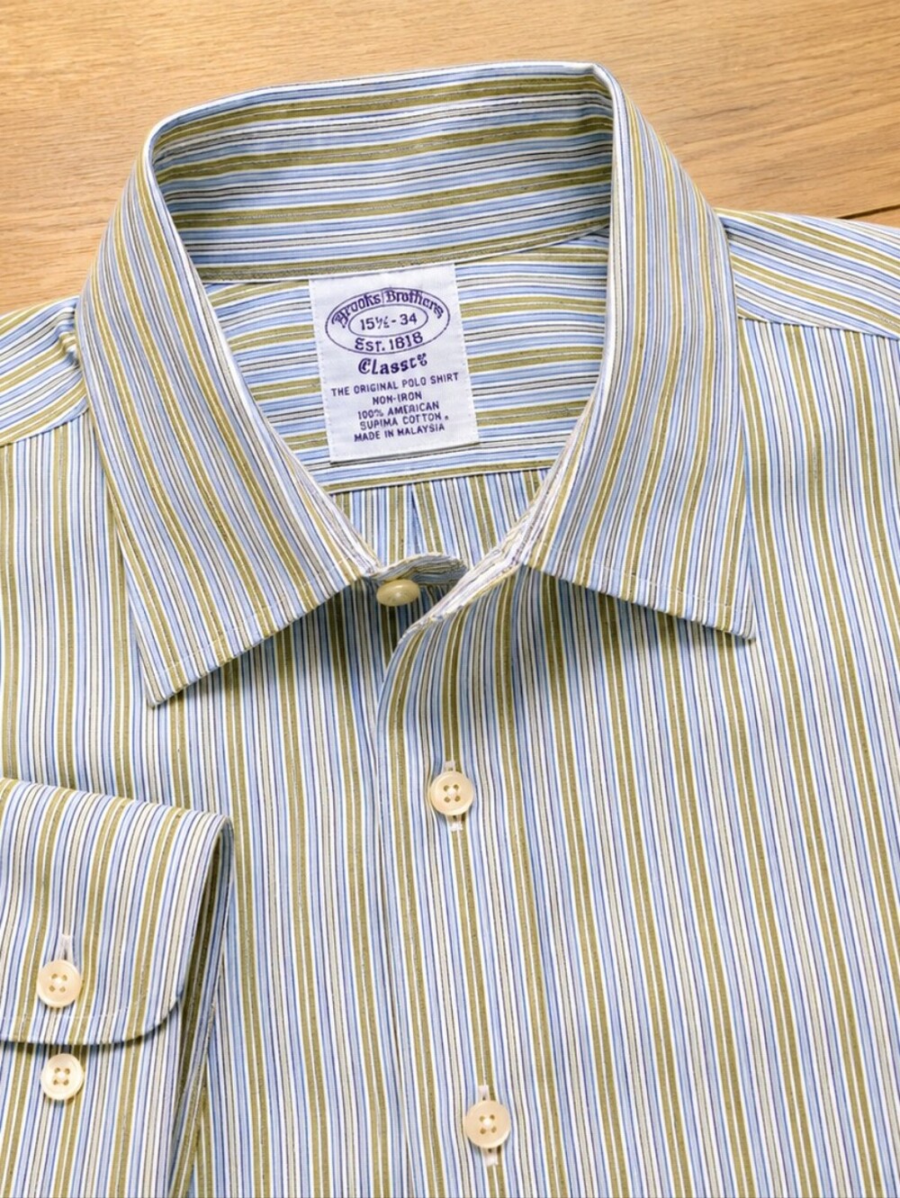 Brooks Brothers Mens Dress Shirt 15.5 34 Blue Green Stripe Non Iron Supima